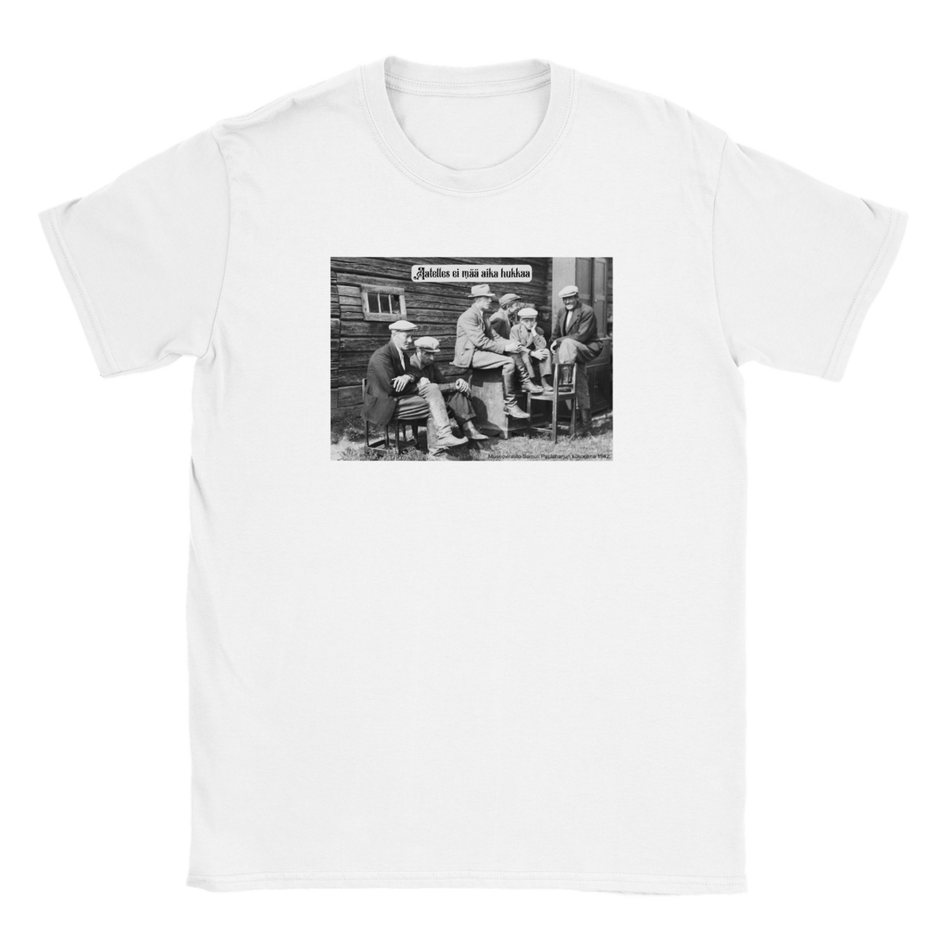 valkoinen miesten paita Aatelles ei mää aika hukkaa historiallinen kuva, retrokuva hauska huumoripaita Miilun putiikki